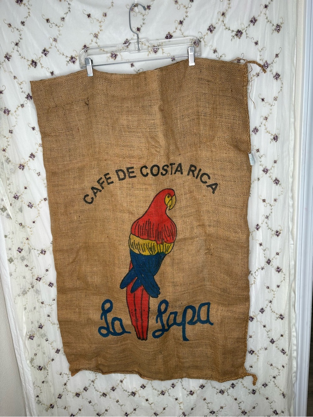 Source Unknown Natural Burlap Coffee Sack with Colorful Parrot Print